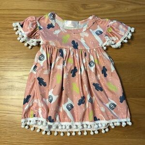 Pink Pom-Trim Cactus Print Baby Dress